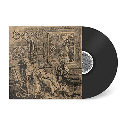 Vinyl record with detailed, dark sketch-style album artwork.
