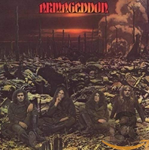 Album cover for Armageddon, featuring a band in a desolate landscape.