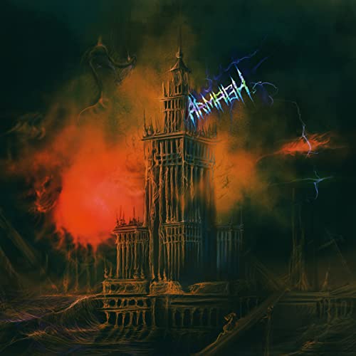 A tall, dark, gothic tower stands amidst swirling orange smoke and lightning.