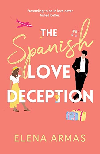 Book cover with a woman and man on a coral background with travel icons.