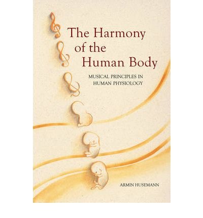 Book cover: "The Harmony of the Human Body" with musical and fetal imagery.