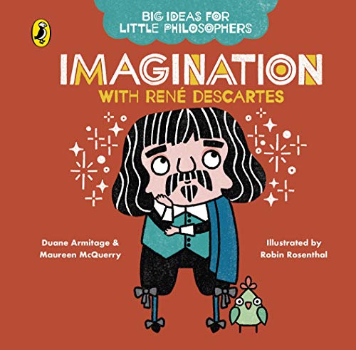 Book cover featuring illustrated Descartes and sparkling stars on red background.