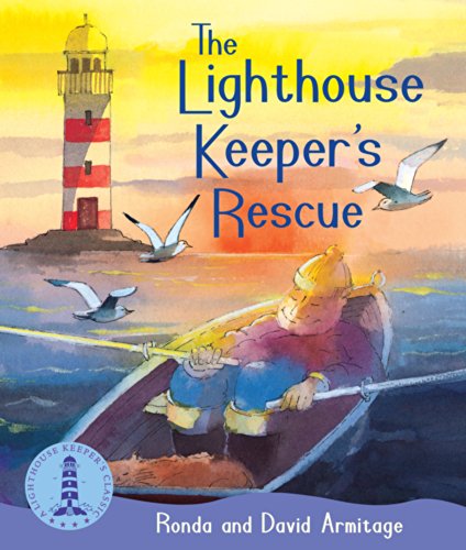 Boy rowing a boat towards a red and white striped lighthouse.