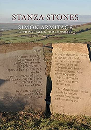 Book cover: "Stanza Stones" with carved poetry on stone slabs in a field.