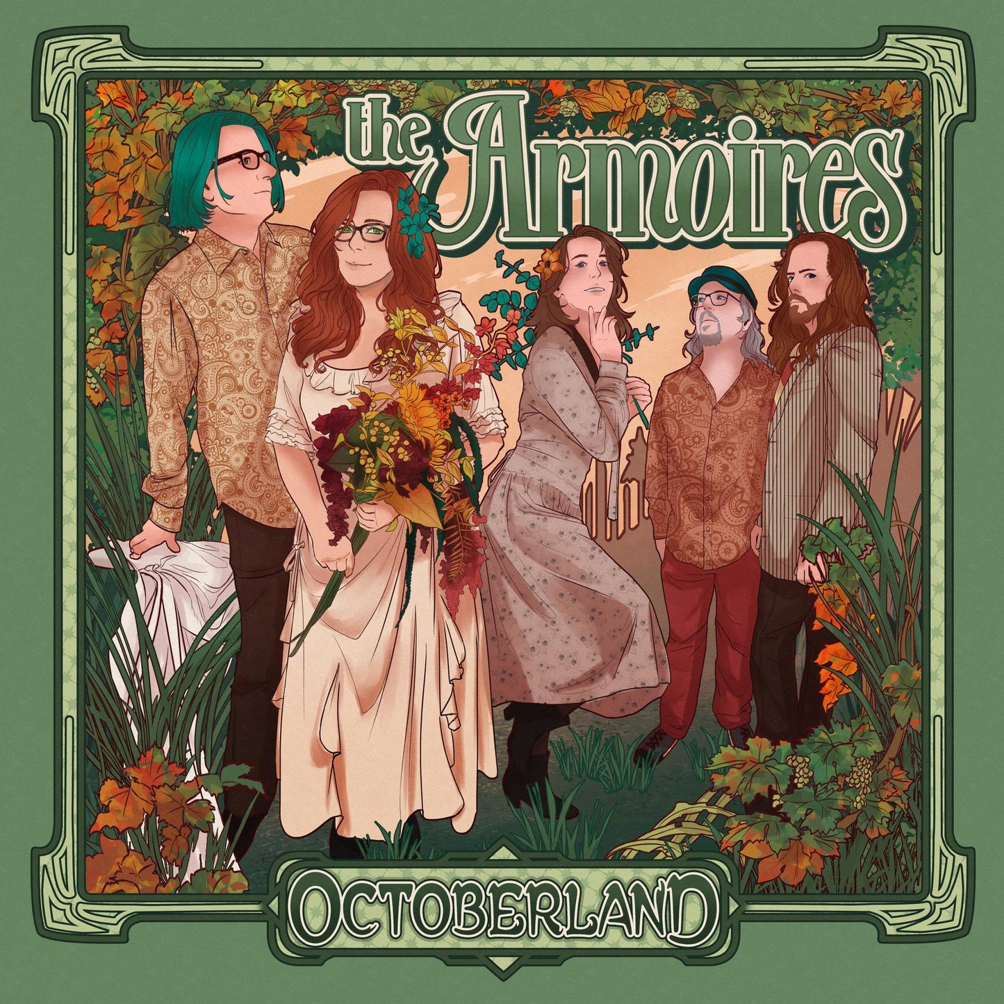 Album cover for "Octoberland" by The Armoires, featuring four people in fall foliage.