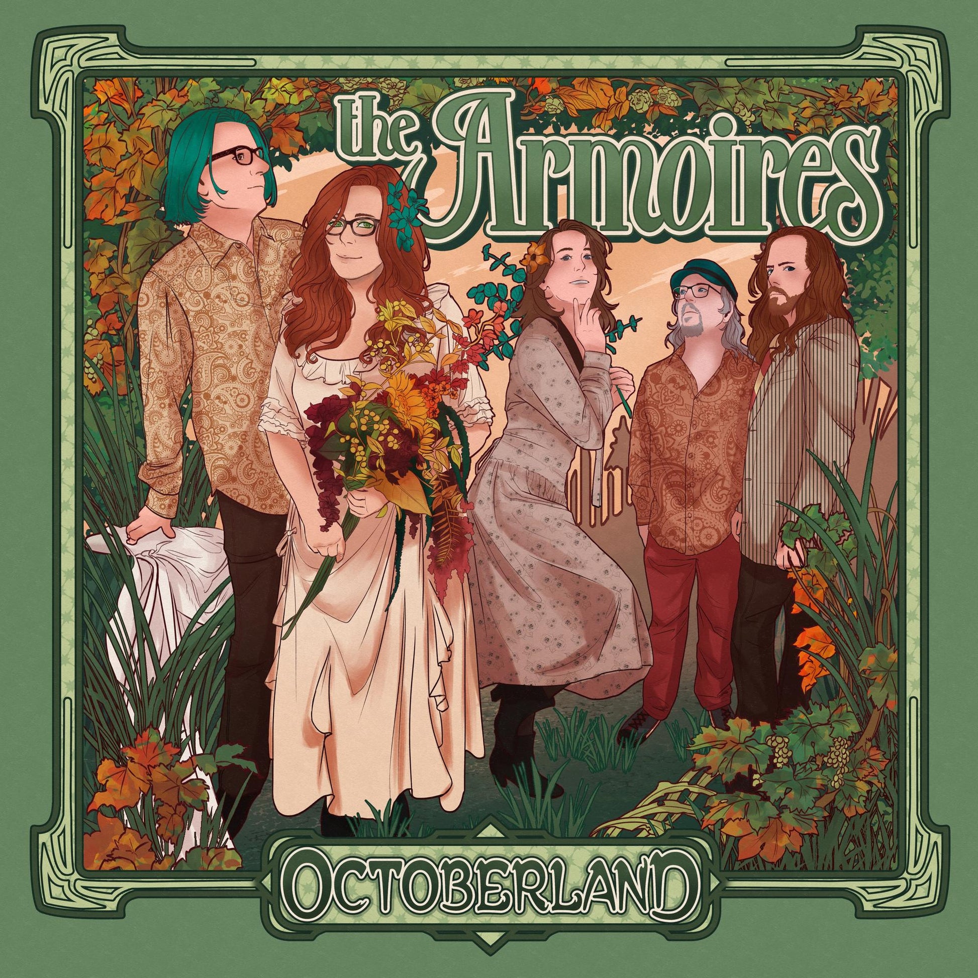 Album cover for "Octoberland" by The Armoires, featuring four people in fall foliage.