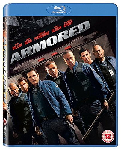 Blu-ray cover for the movie Armored featuring five men in uniform standing in front.