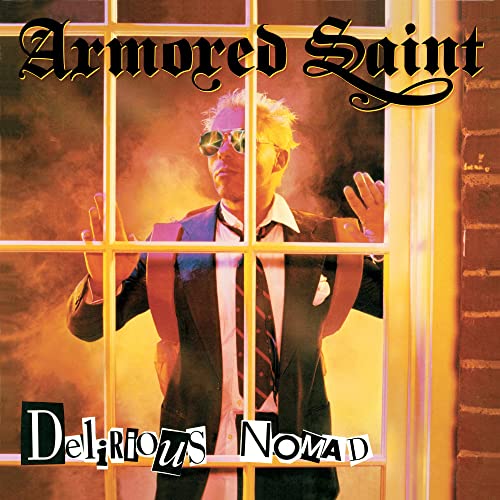 Album cover for Armored Saint’s “Delirious Nomad” featuring a man in a suit.