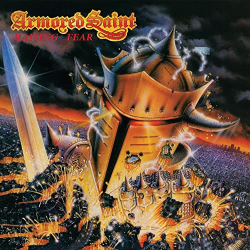 Armored Saint album cover: a golden helmet with a sword and fiery background.
