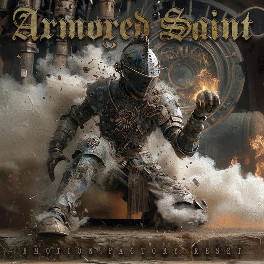 Armored Saint album cover: knight figure amidst destruction and smoke.