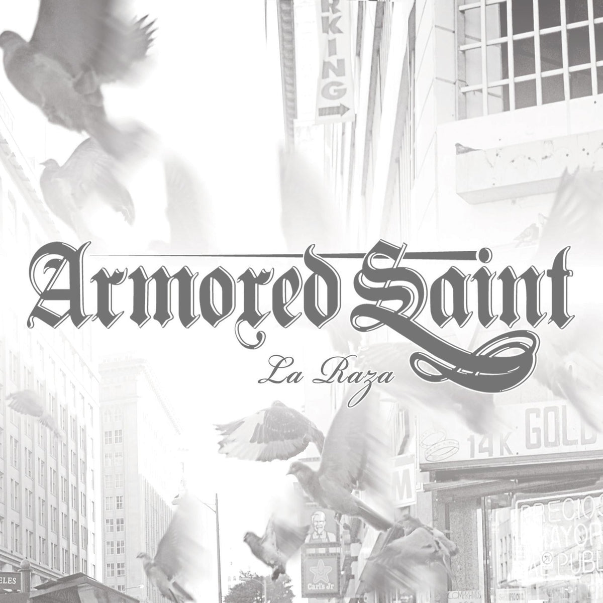 Armored Saint "La Raza" vinyl record cover with birds and city imagery.