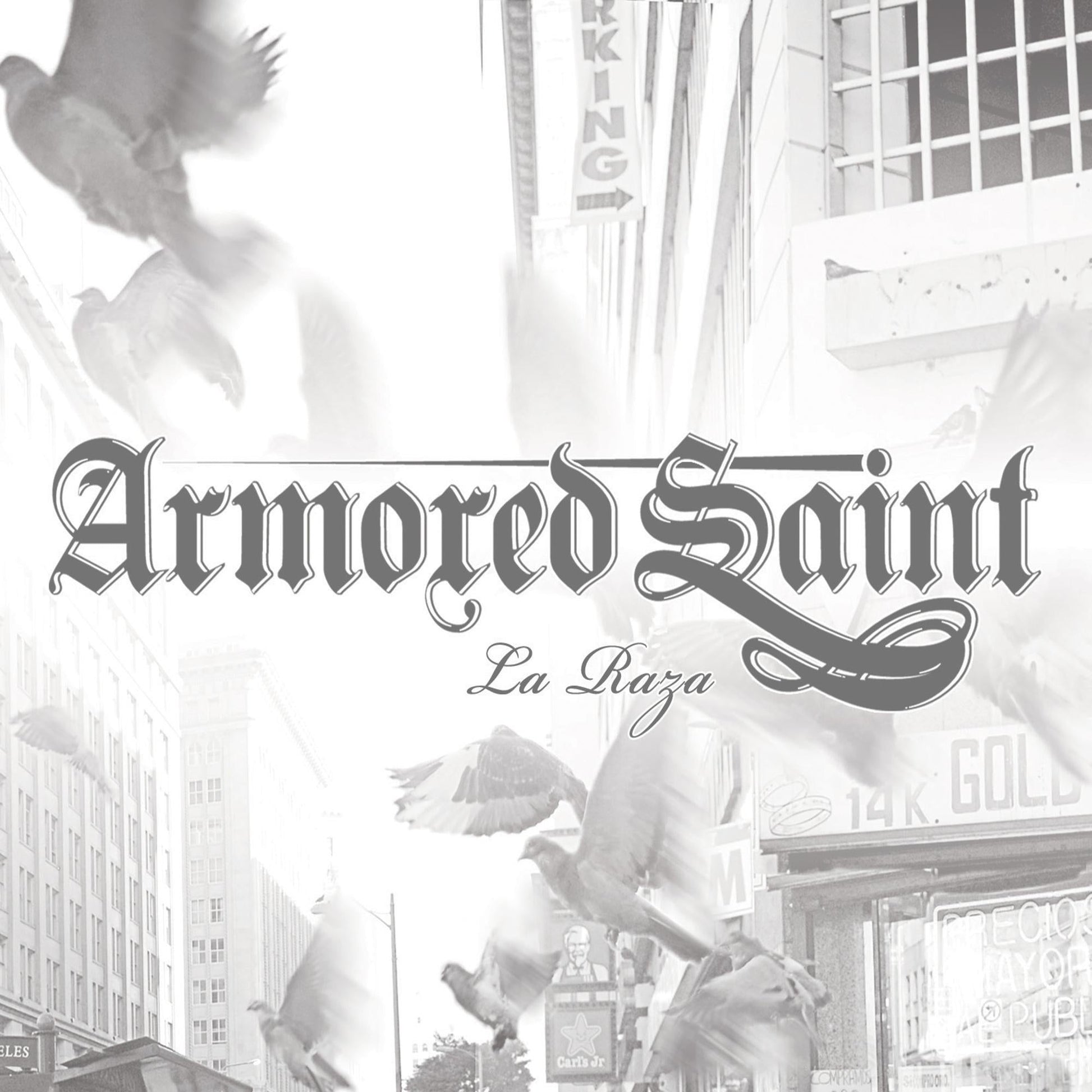 Armored Saint "La Raza" vinyl record cover with birds and city imagery.