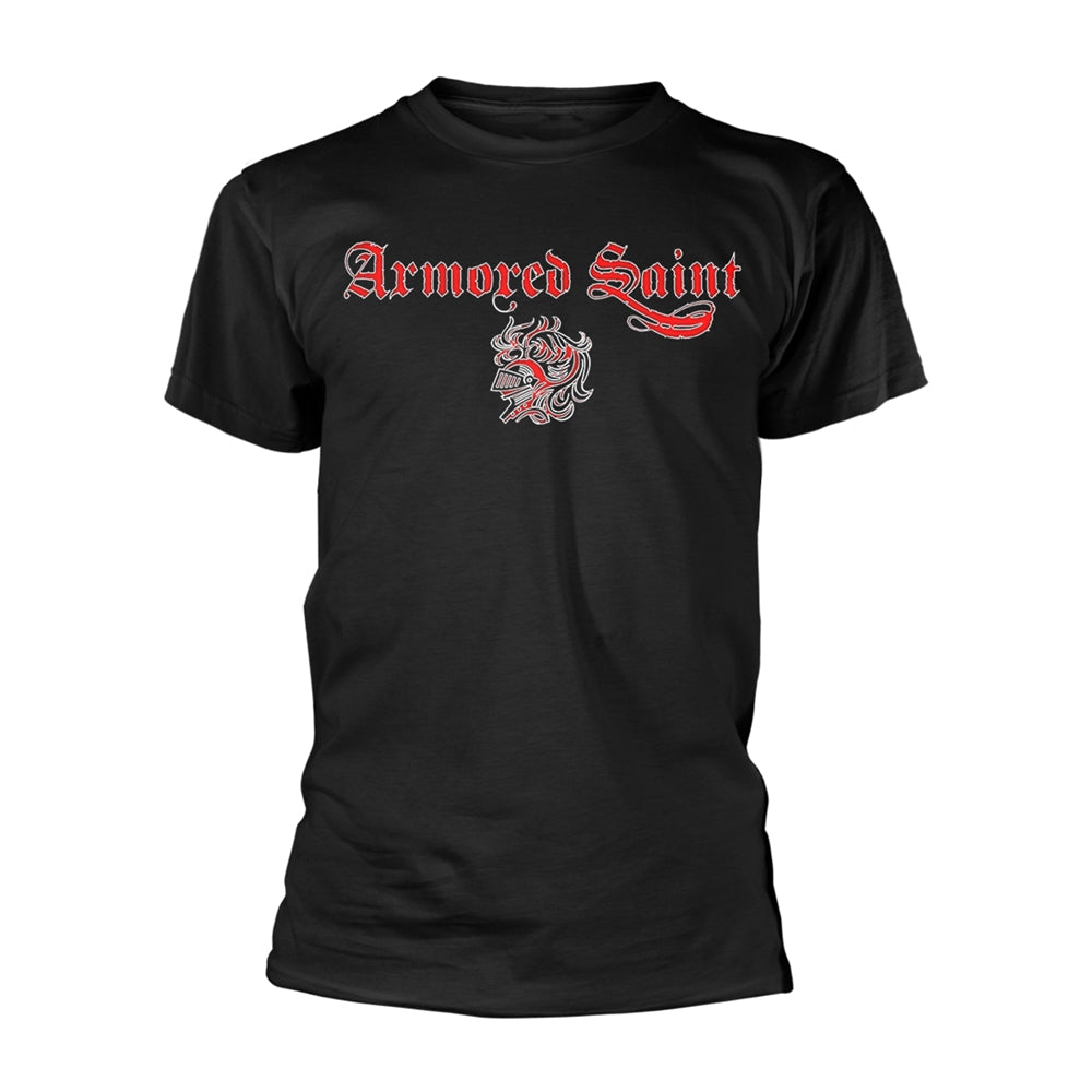 Black t-shirt with “Armored Saint” logo featuring a knight’s helmet.