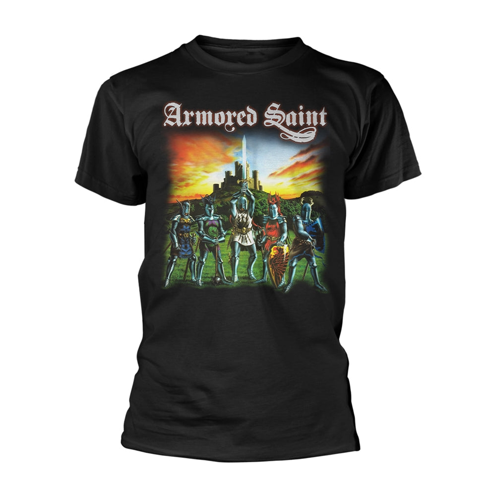 Black t-shirt with "Armored Saint" logo and knight illustration.