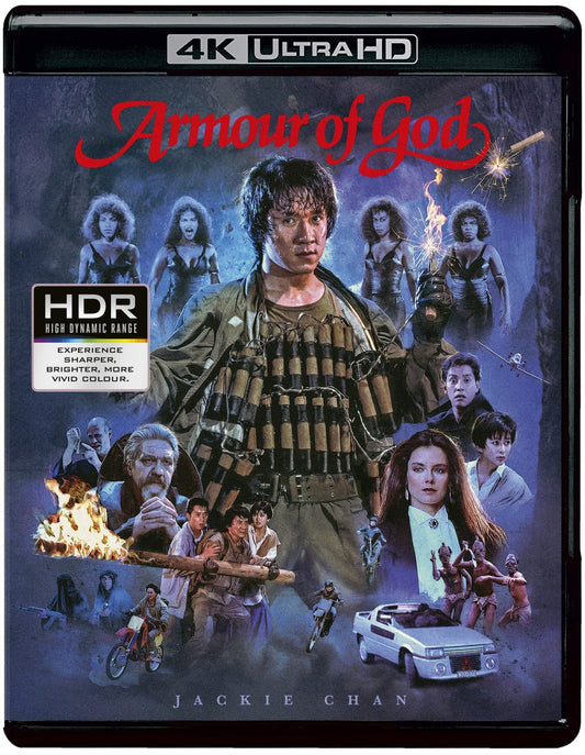 Jackie Chan and cast members on the Armour of God 4K UHD Blu-ray cover.