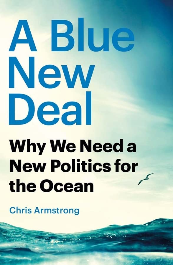 Book cover: “A Blue New Deal” with ocean and bird imagery.
