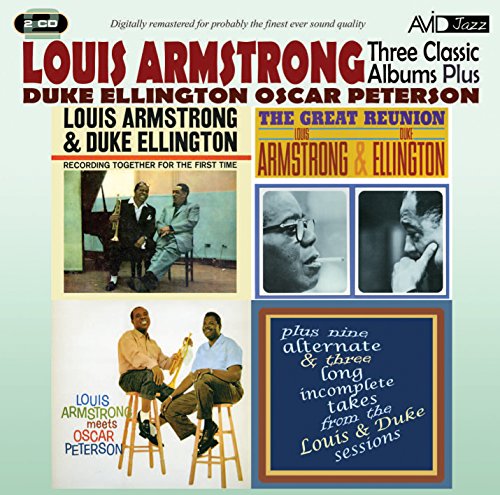CD cover featuring Louis Armstrong, Duke Ellington, and Oscar Peterson with album titles and photos.