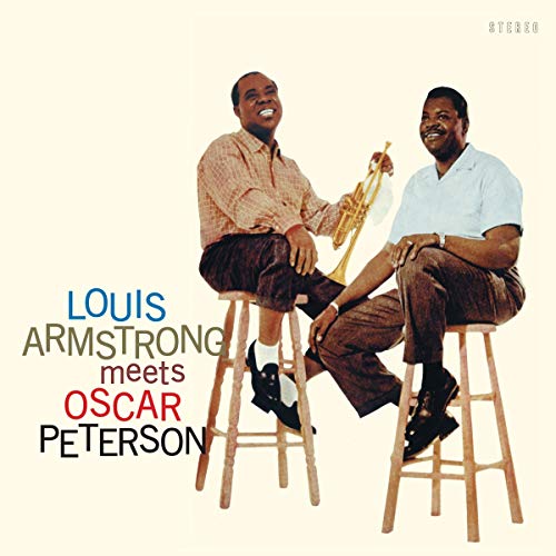 Louis Armstrong and Oscar Peterson seated, album cover with text.