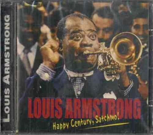 Louis Armstrong playing trumpet on CD cover, vintage photo style.