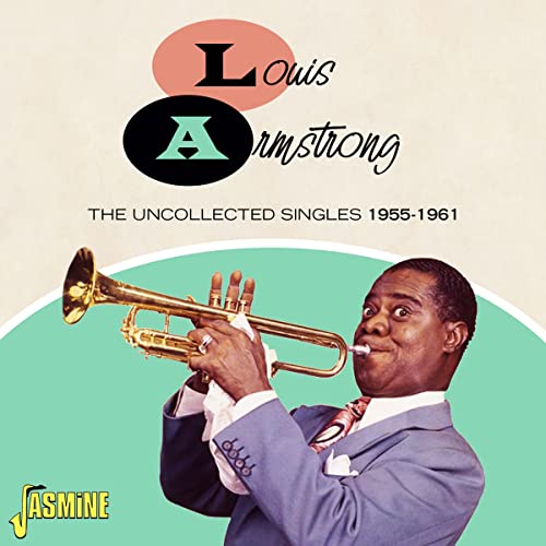 Louis Armstrong playing trumpet on CD cover, retro teal and peach design.
