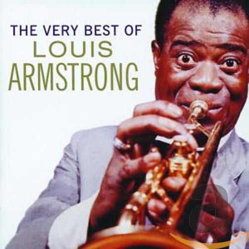 Louis Armstrong playing a golden trumpet, album cover image.