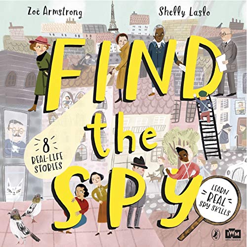 Book cover: "Find The Spy" with illustrated figures and a city background.