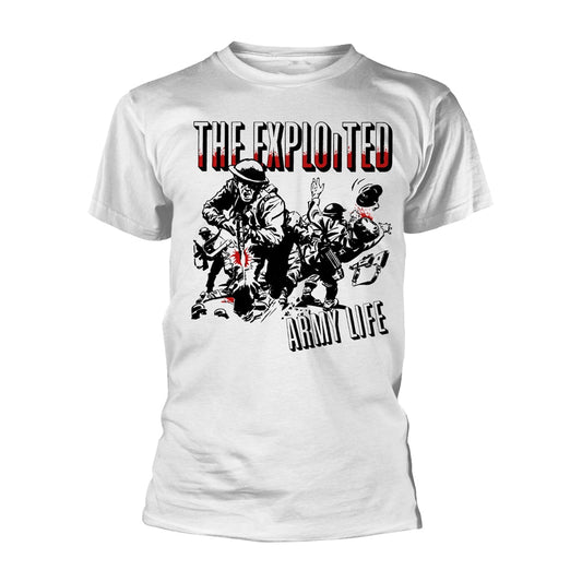 White t-shirt with black and red illustration of soldiers and text.