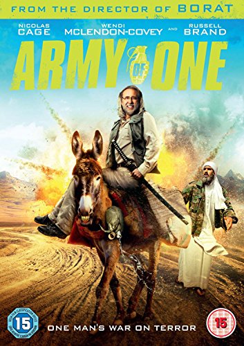 DVD cover for "Army of One" featuring Nicolas Cage on a donkey in a desert.