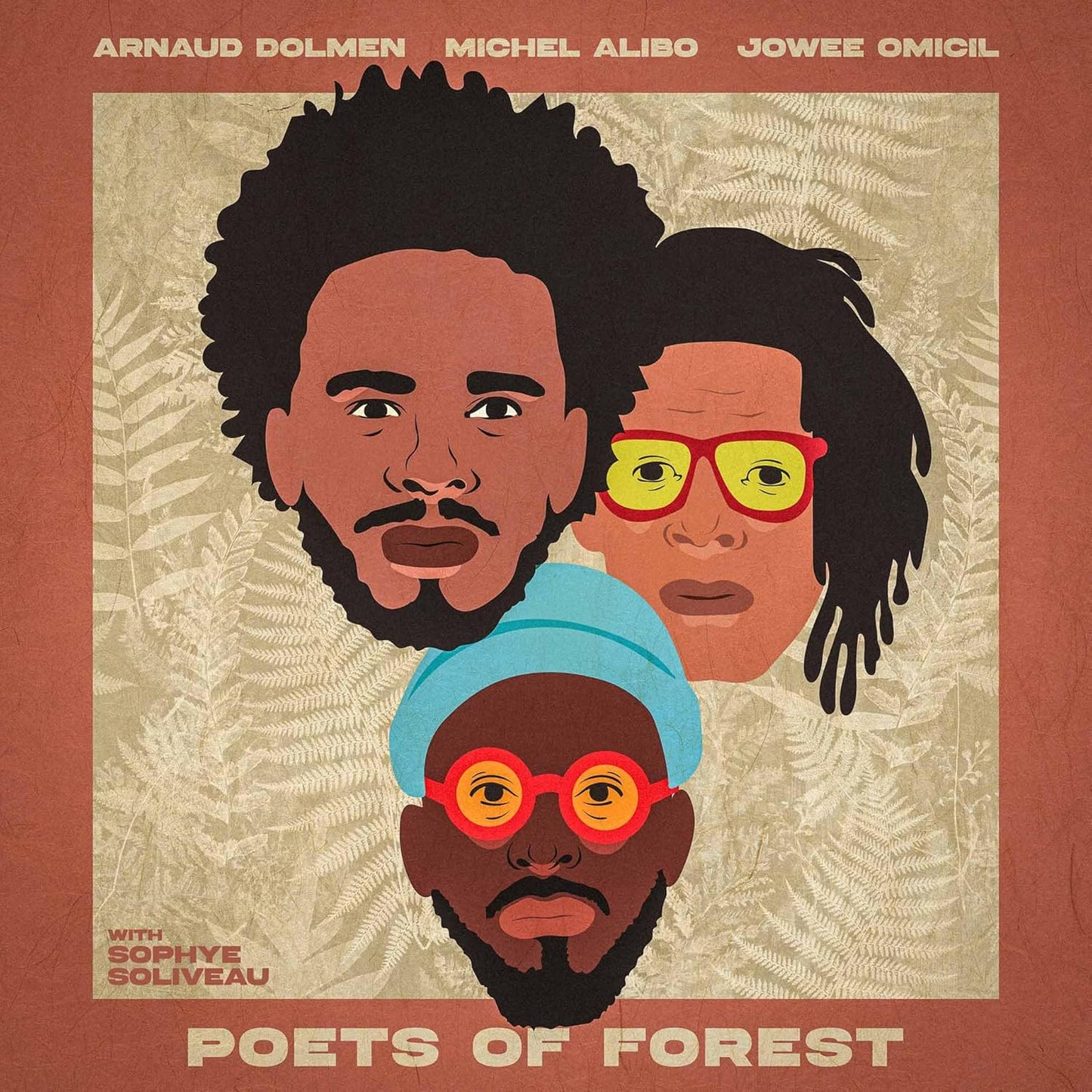 CD cover featuring illustrated portraits of three people and foliage.
