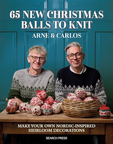 Book cover featuring two men and knitted Christmas ball decorations.