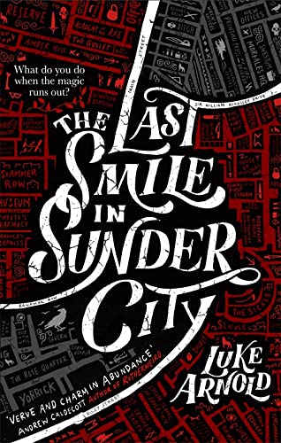 Book cover with white stylized text over a black and red city map background.