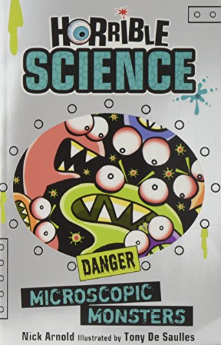 Book cover: "Microscopic Monsters" with colorful cartoon germs and "Danger" sign.