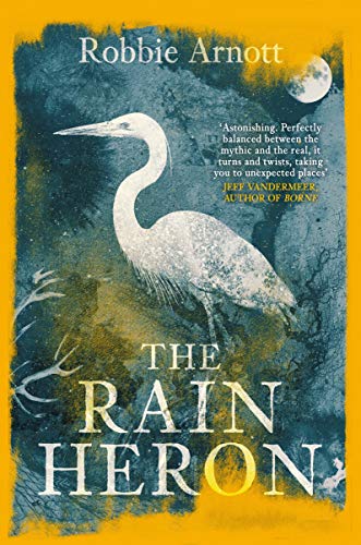 Book cover featuring a white heron against a dark, textured blue and yellow background.