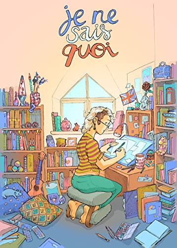 Illustration of a woman drawing at a desk in a cluttered room.