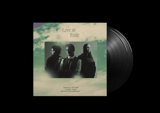 Vinyl record cover with cloudy background, featuring a trio portrait and title "Love in Exile".