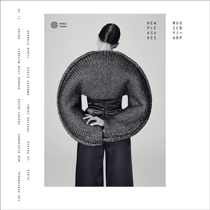 Vinyl album cover for Arp’s “New Pleasures,” featuring a figure with textured sleeves.