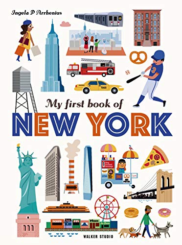 Children’s book cover depicting illustrated New York City landmarks and activities.
