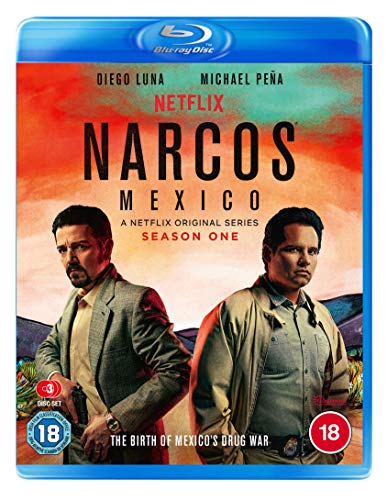 Blu-ray cover for Narcos: Mexico Season One featuring Diego Luna and Michael Peña.