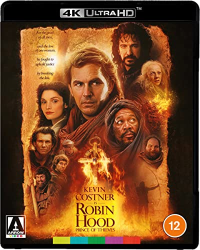 Blu-ray cover art for Robin Hood: Prince of Thieves featuring the cast in flames.