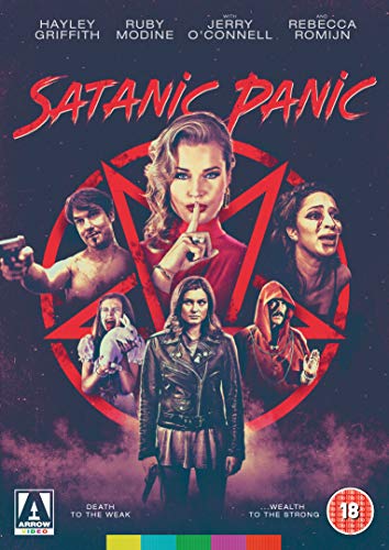 Satanic Panic" DVD cover featuring actors within a red pentagram design.