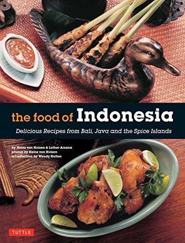 Cookbook cover featuring Indonesian food: satay, fried chicken, and a duck boat.
