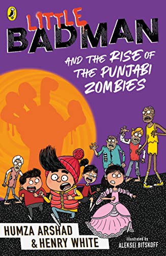 Book cover: cartoon children facing illustrated zombies, purple and orange background.