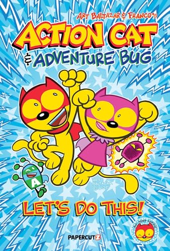 Cartoon cat and bug superheroes pose dynamically on a blue, starburst background.