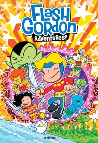 “Flash Gordon Adventures!” book cover with cartoon characters and spaceships.