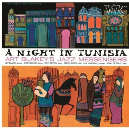 Vinyl record cover with abstract, colorful illustration of Middle Eastern architecture and figures.