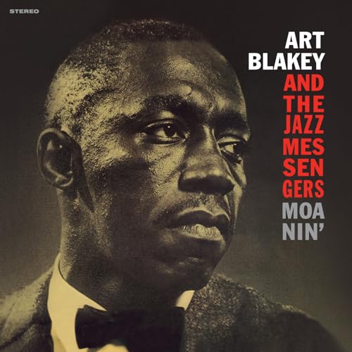 Close-up portrait of Art Blakey on the Moanin album cover with text overlay.
