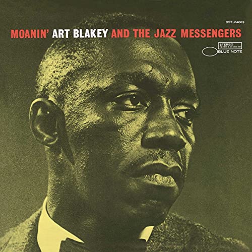 Close-up of Art Blakey on the album cover "Moanin'," Blue Note Records.
