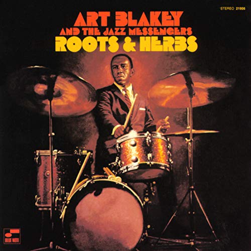 Art Blakey at a drum kit, album cover for "Roots & Herbs.