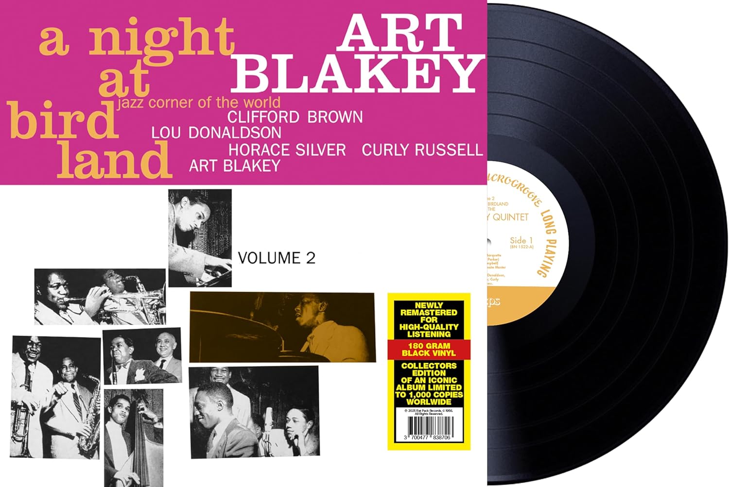 Vinyl record of Art Blakey Quintet’s “A Night At Birdland Volume 2” with musicians’ portrait.