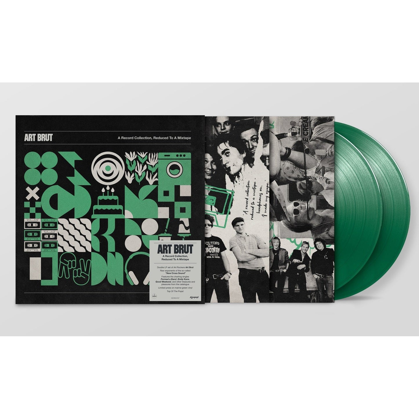 Green vinyl record with colorful, collage-style album cover art.